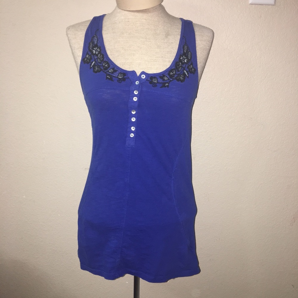 Free People Blue Tabk Sleeveless Top Black Lace Size Small